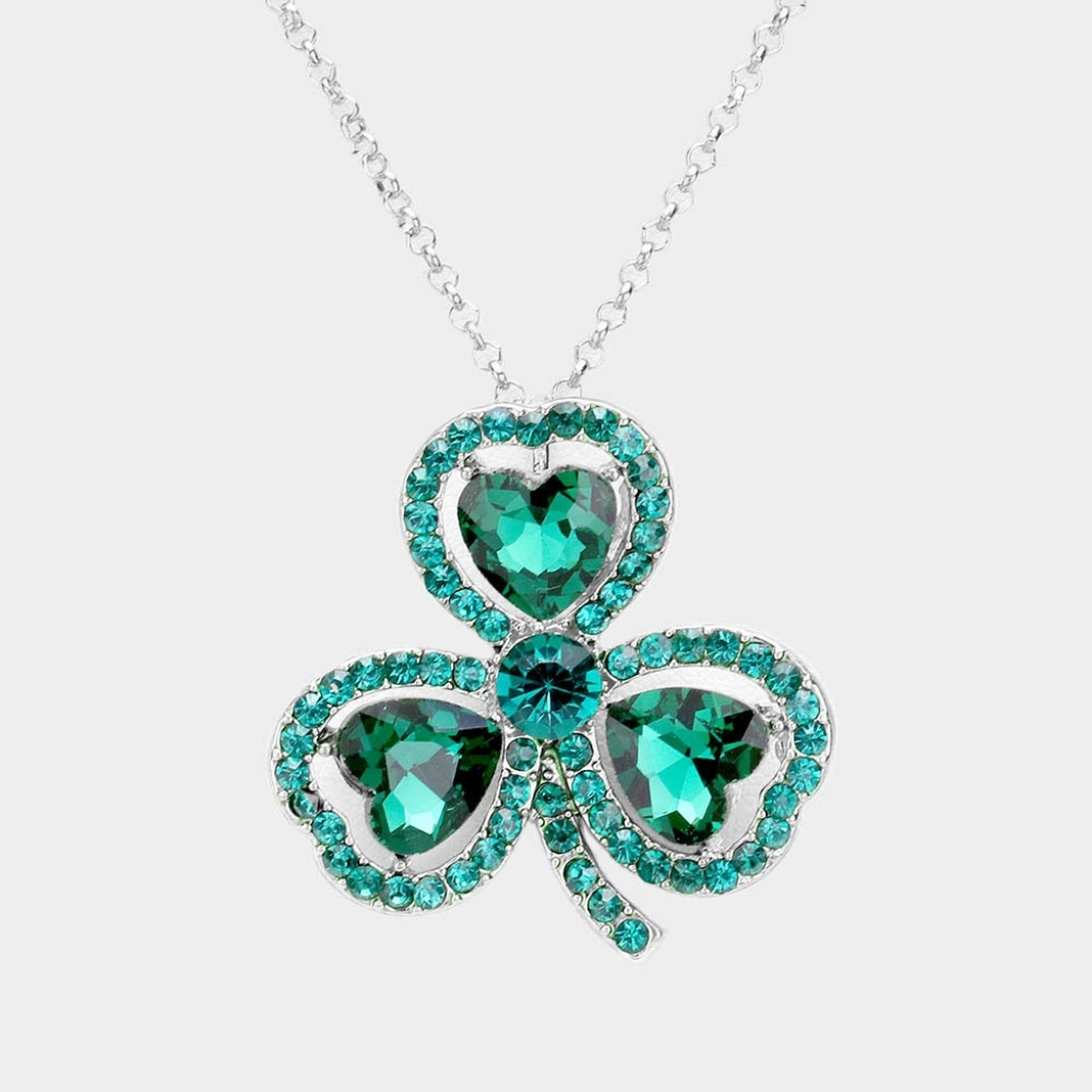 Green Rhinestone Crystal Shamrock Pendant Necklace Chain Heart Leaf Clover